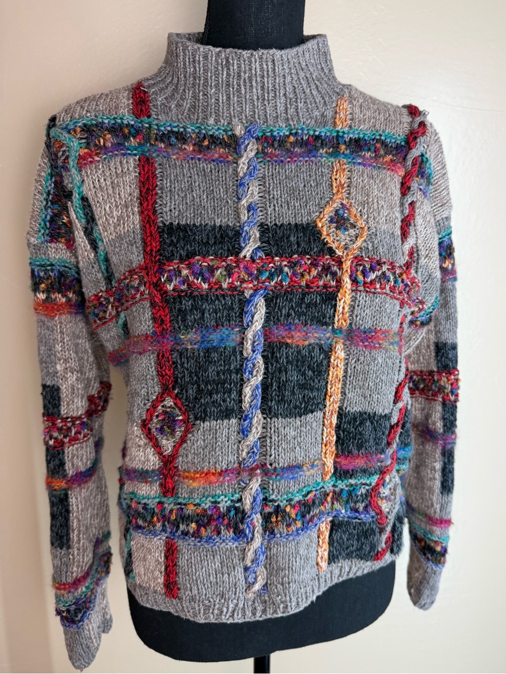 Vintage Debra Lubell 90’s Multicolor Patchwork Knit Cardigan | Size M